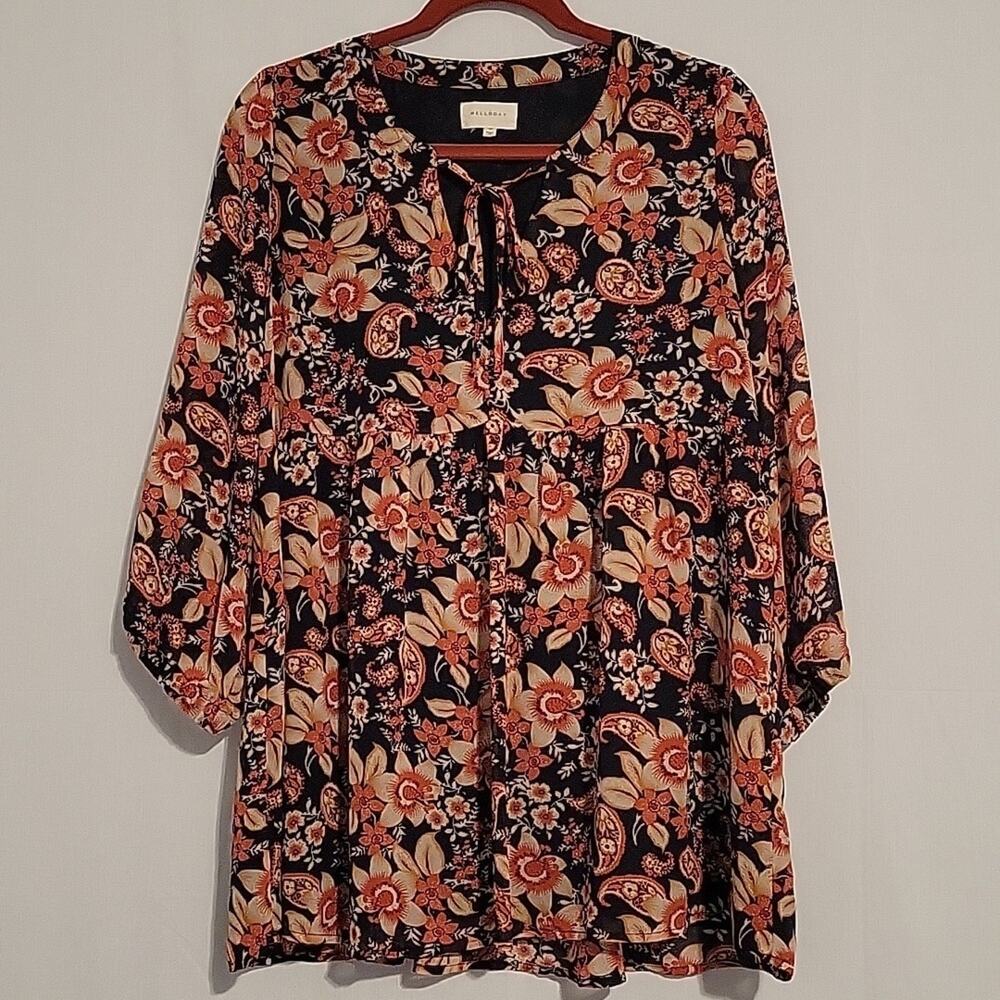 Melloday Paisley Floral Split Neck Tie Front Top size M navy orange boho